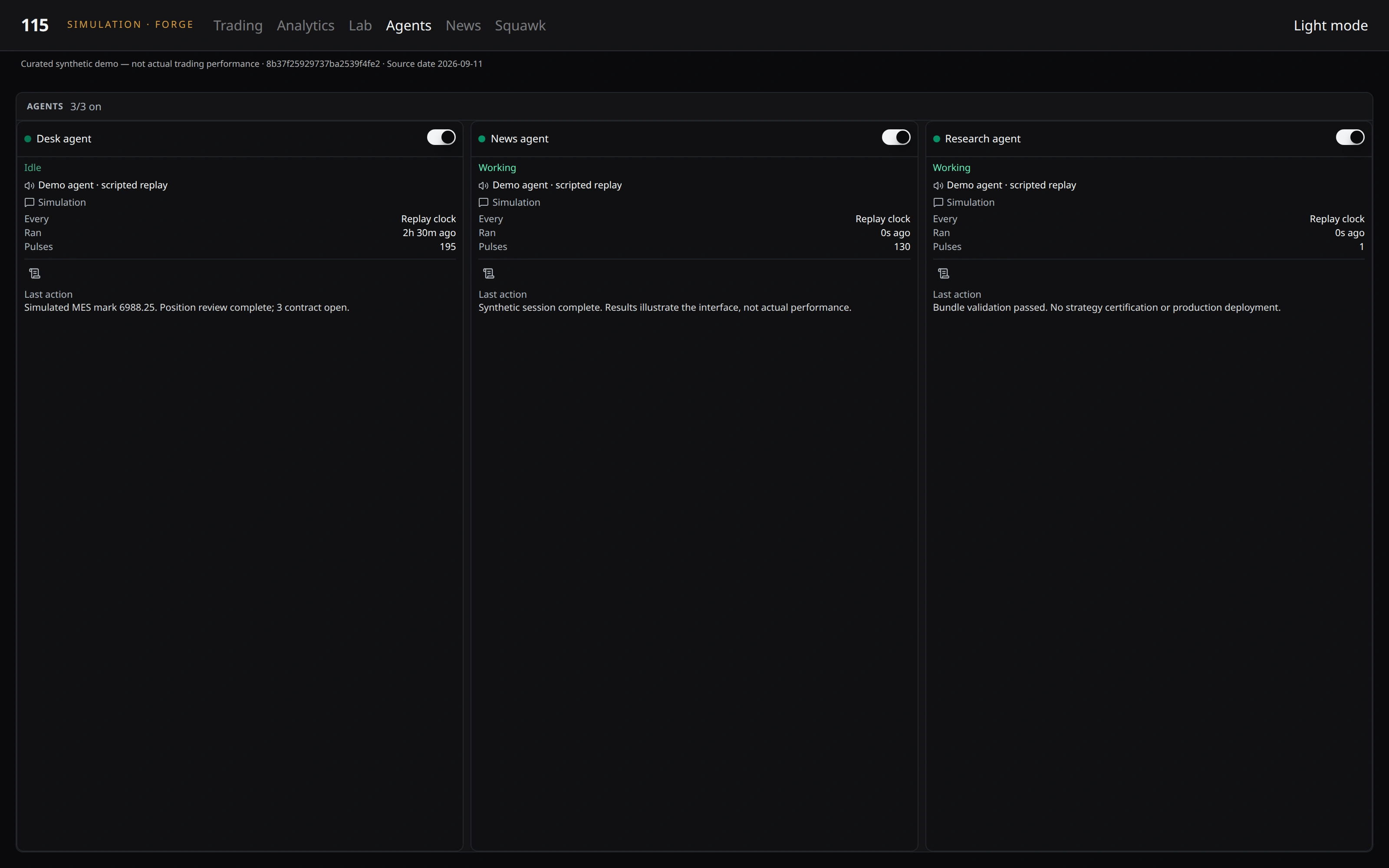 115 V9 agents in dark mode. See the activity and context of the agents working alongside the desk. Illustrative synthetic data, not a live account or performance record.