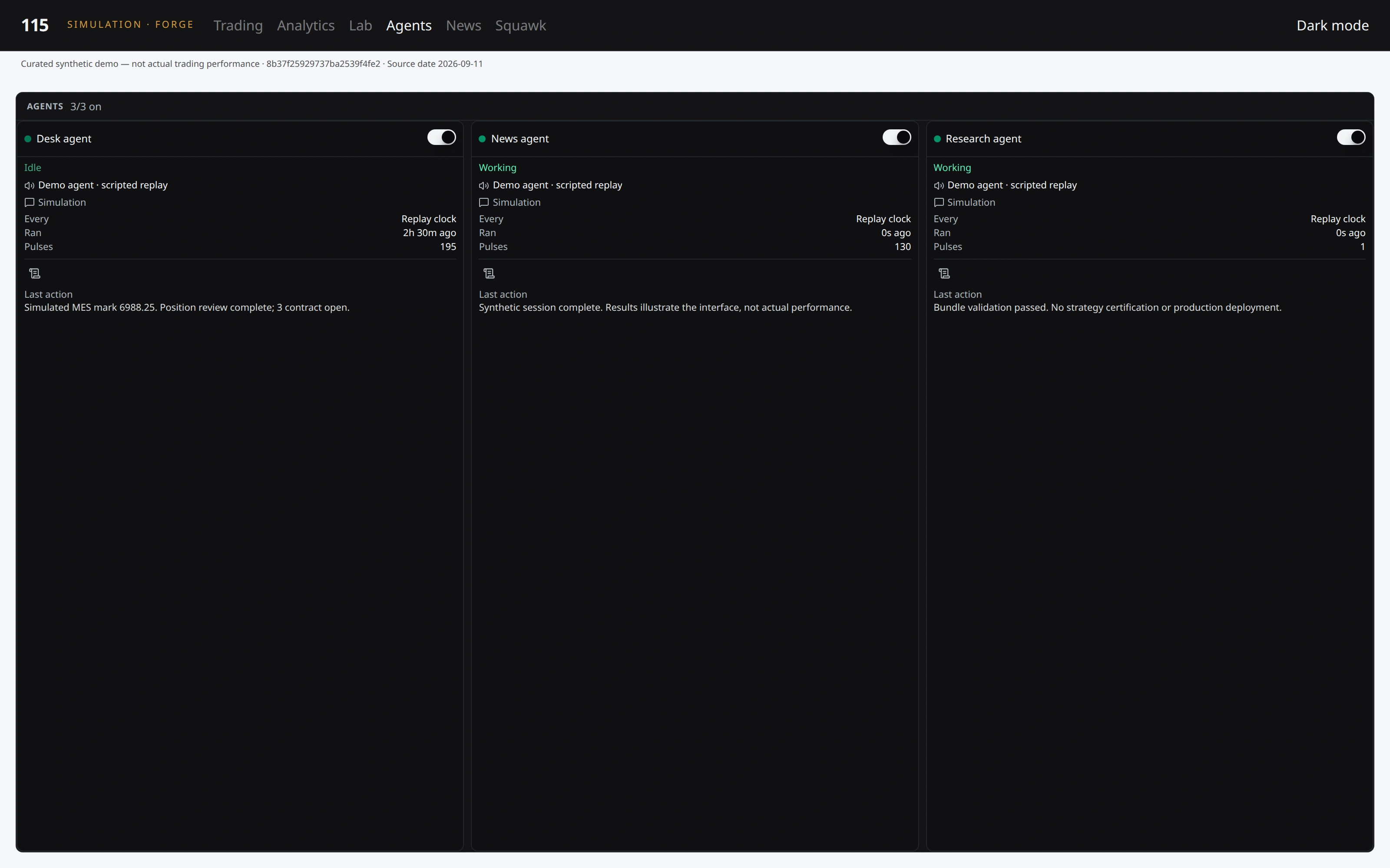 115 V9 agents in light mode. See the activity and context of the agents working alongside the desk. Illustrative synthetic data, not a live account or performance record.