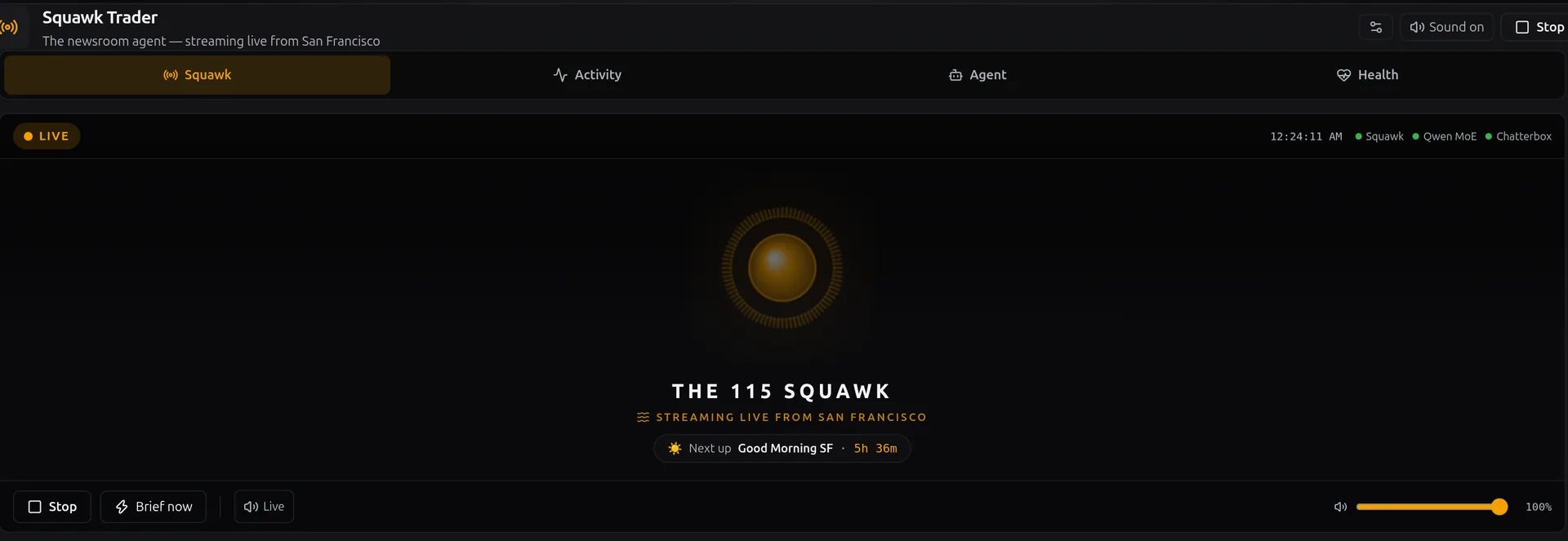 The squawk pane with a live on-air indicator, the station lockup, the next scheduled programme and the on-air controls.