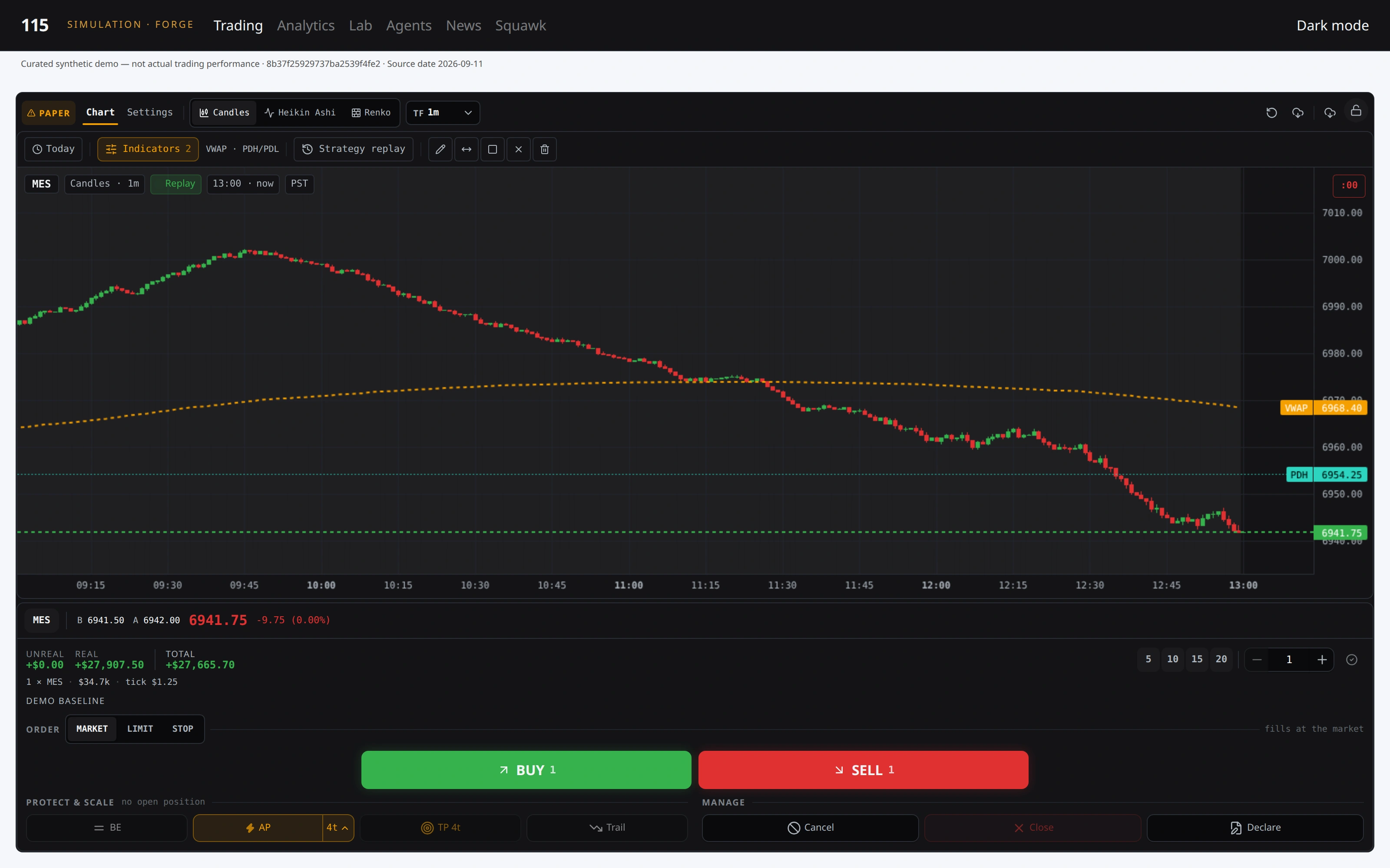 115 V9 trading in light mode. Market context, execution and the trading session in one field of view. Illustrative synthetic data, not a live account or performance record.